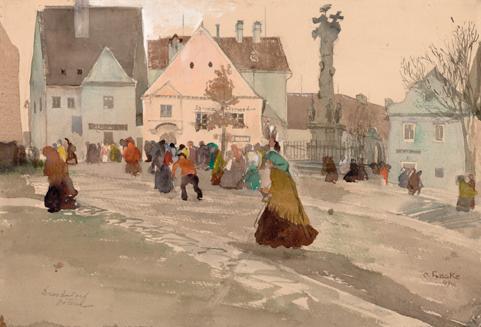 Oskar Laske, Drosendorf, 1909, Kohle, Aquarell auf Papier, 34 x 50 cm, Belvedere, Wien, Inv.-Nr ...