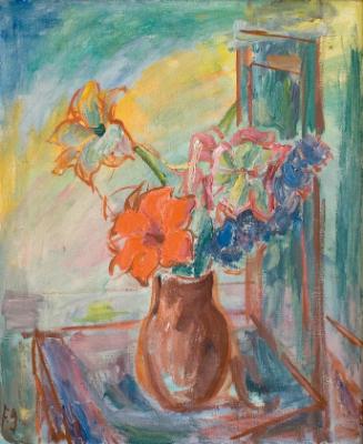 Marianne Fieglhuber-Gutscher, Blumenstilleben mit Sessel, Mitte 20. Jahrhundert, Öl auf Leinwan…