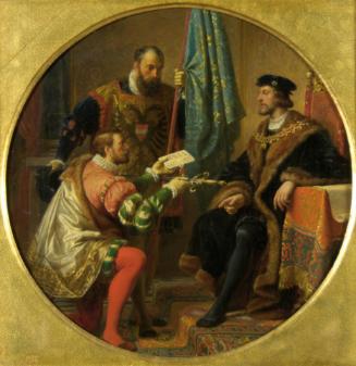 Karl von Blaas, Kaiser Karl V. und König Franz I. bei Pavia 1525, um 1868, Öl auf Leinwand, 44 …