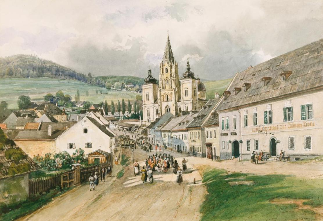Thomas Ender, Mariazell, um 1840, Aquarell auf Papier, 33 x 48 cm, Belvedere, Wien, Inv.-Nr. 23…