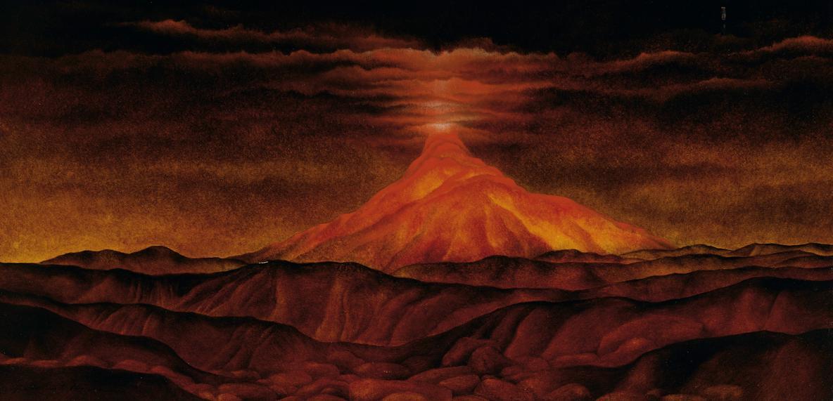Helmut Kies, Glühender Berg, 1961, Öl auf Papier auf Paneelplatte, 25 x 50 cm, Artothek des Bun…