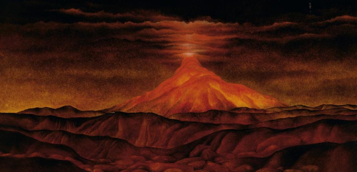Helmut Kies, Glühender Berg, 1961, Öl auf Papier auf Paneelplatte, 25 x 50 cm, Artothek des Bun…