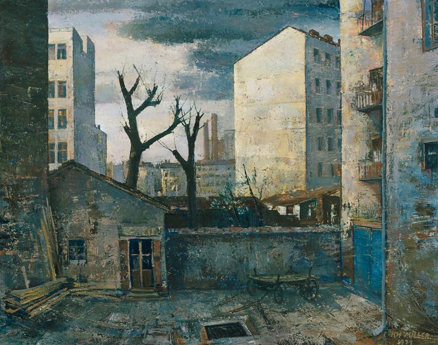 Erich Miller-Hauenfels, Hof zwischen Großstadthäusern, 1934, Öl auf Leinwand, 73 x 92 cm, Belve…