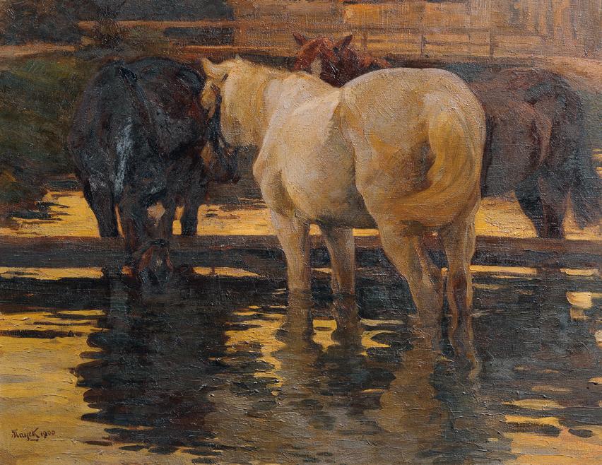 Hans von Hayek, Pferde in der Schwemme, 1900, Öl auf Leinwand, 90 x 116 cm, Belvedere, Wien, In…