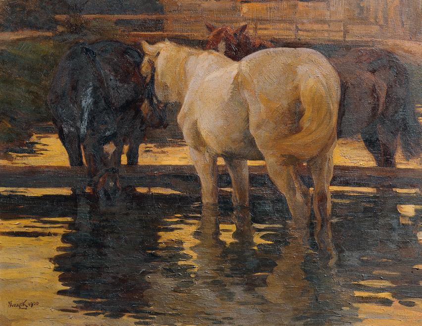 Hans von Hayek, Pferde in der Schwemme, 1900, Öl auf Leinwand, 90 x 116 cm, Belvedere, Wien, In…