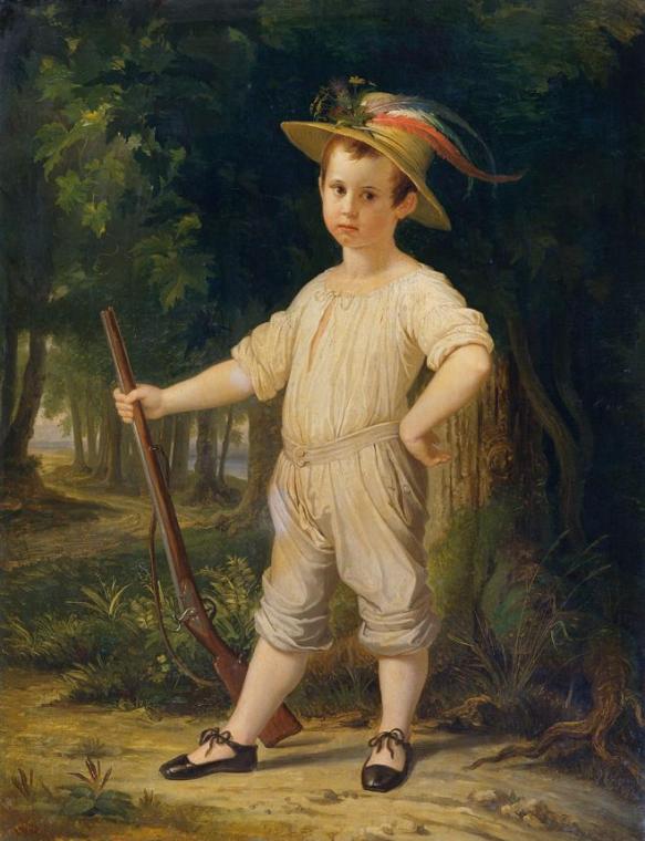 Wilhelm von Kaulbach, Knabenbildnis (Der kleine Jäger), 1843, Öl auf Leinwand, 135 x 103 cm, Be ...