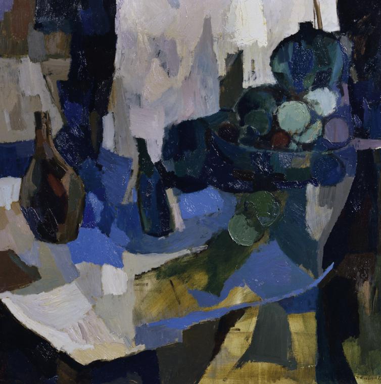 Franz Kaindl, Stilleben mit Flasche, 1982, Öl auf Pressspanplatte, 80 x 80 cm, Artothek des Bun…