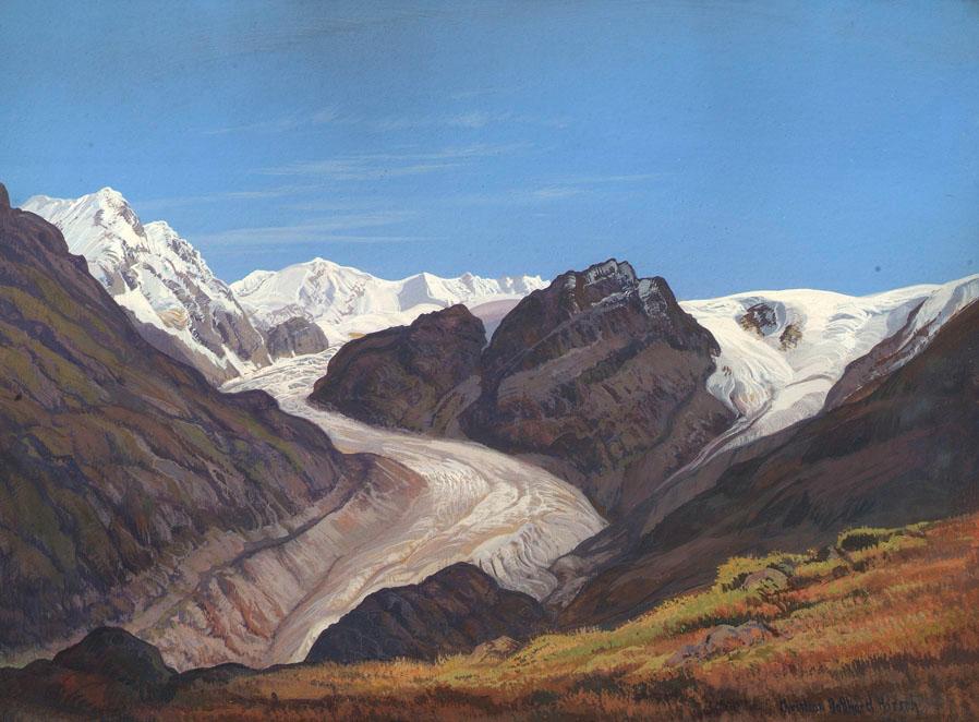 Christian Gotthard-Hirsch, Alpenlandschaft im Schnee, 1938, Tempera auf Pappe, 52 x 70 cm, Belv…