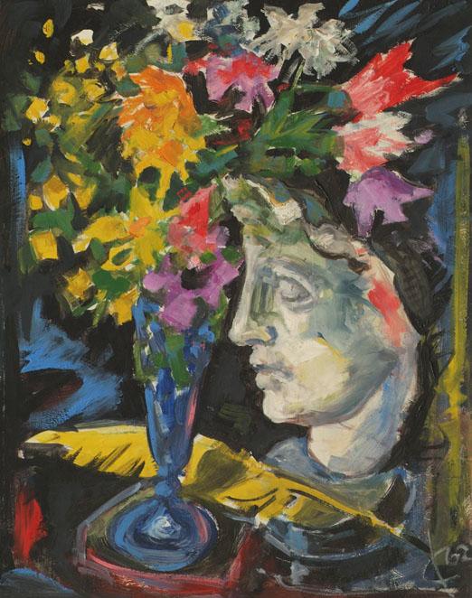 Felix Smetana, Stillleben mit Blumenvase und antikem Kopf, 1962, Öl auf Holzfaserplatte, 46 x 3…