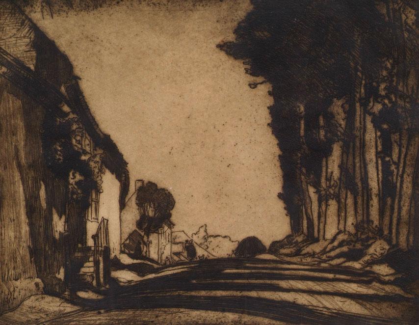 Frank Brangwyn, Straße in Montreuil, vor 1909, Radierung, Passepartout-Maße (Ausschnitt): 27 x …