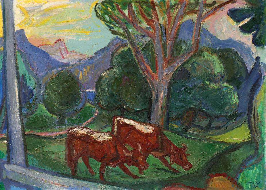 Ernst Graef, Landschaft mit zwei Kühen, 1955, Öl auf Leinwand, 80 x 110 cm, Belvedere, Wien, In…