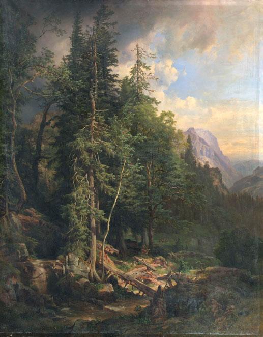 Anton Hansch, Aus den steirischen Gebirgswäldern bei Neuberg, 1868, Öl auf Leinwand, 241 x 190 …