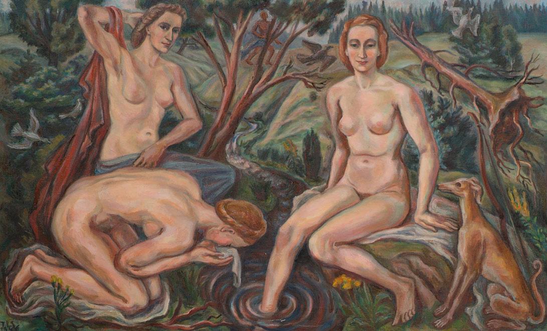 Irma Lang-Scheer, Diana mit zwei Nymphen an der Quelle, 1946, Öl auf Leinwand, 100 x 163 cm, Be…