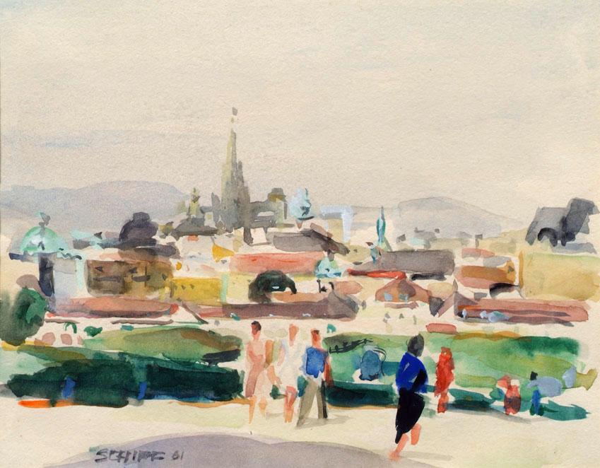 Friedrich Hermann Schiff, Blick vom Belvedere, Wien, 1961, Aquarell auf Papier, 18 x 22,5 cm, B…