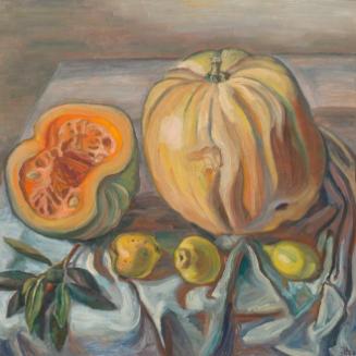 Irma Lang-Scheer, Stillleben mit Kürbis und Zitronen, 1940, Öl auf Sperrholz, 80 x 80 cm, Belve…