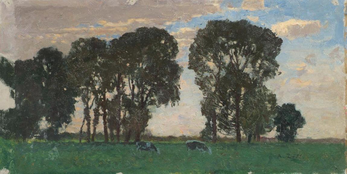 Alfred Zoff, Langenpreising, Viehweide mit großen Bäumen, um 1897, Öl auf Leinwand, 27 x 54,5 c…