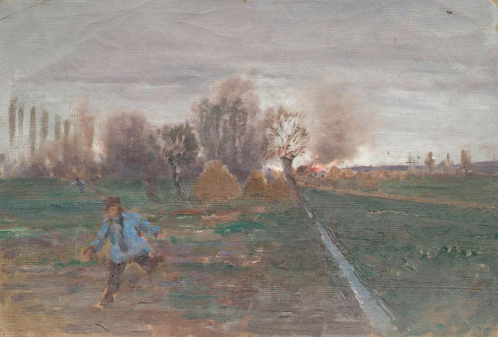 Anton Nowak, Landschaft mit brennendem Gehöft, Öl auf Leinwand, 22,5 x 32,5 cm, Belvedere, Wien…