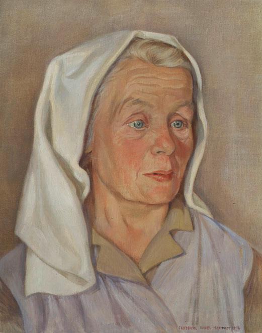 Friederike Riefel-Schmidt, Weinhauerin aus Niederösterreich, 1946, Öl auf Leinwand, 45 x 36 cm,…