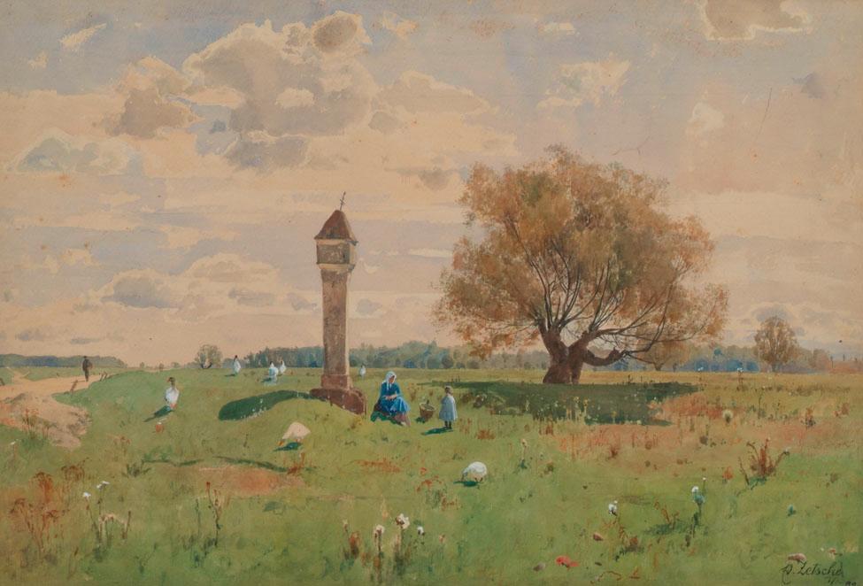 Eduard Zetsche, Aumotiv bei Lichtenwörth, 1899, Aquarell auf Papier auf Holz, 37,5 x 55,5 cm, B…