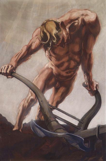 Ludwig Gruber, Der Pflüger, um 1934, Tempera auf Leinwand, 180 x 120 cm, Belvedere, Wien, Inv.-…