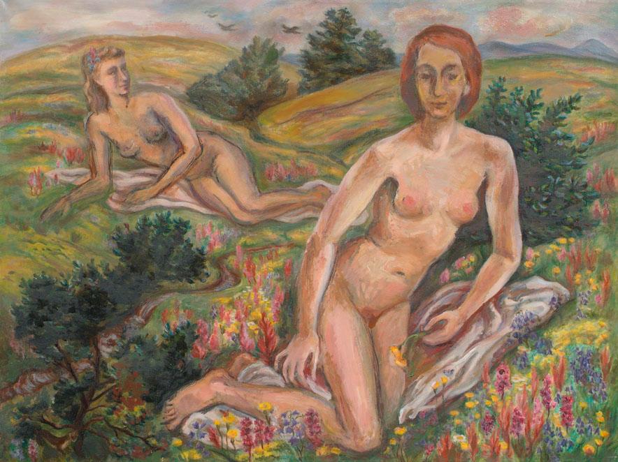 Irma Lang-Scheer, Auf der Sonnenwiese, um 1945, Öl auf Leinwand, ungerahmt: 75,5 × 100 × 2 cm, …