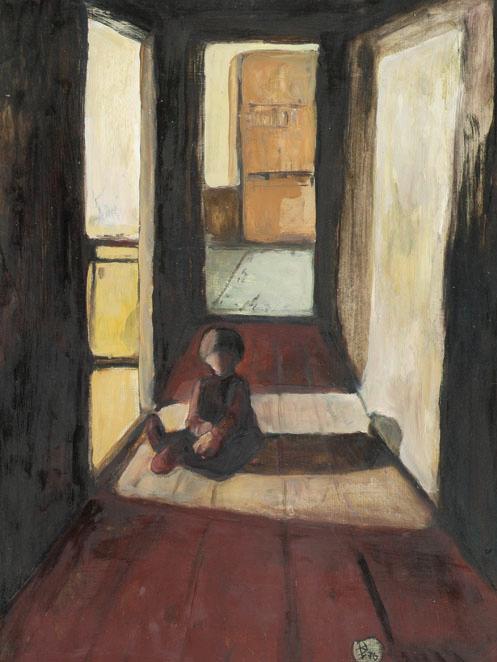 Robert F. Hammerstiel, Knabe im Korridor, 1976, Öl auf Hartfaserplatte, 81 x 61 cm, Artothek de…