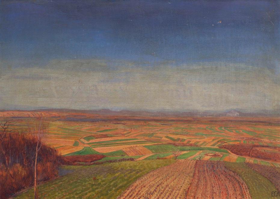 Ernst Eck (Eckel), Marchfeld vom Bisamberg, um 1910, Öl auf Holz, 70,5 x 100 cm, Belvedere, Wie…