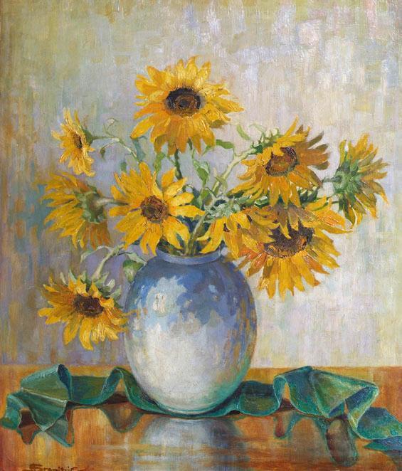 Alexandra Stomojevic, Sonnenblumen mit grünem Band, 1953, Öl auf Karton, 70 x 59 cm, Belvedere,…
