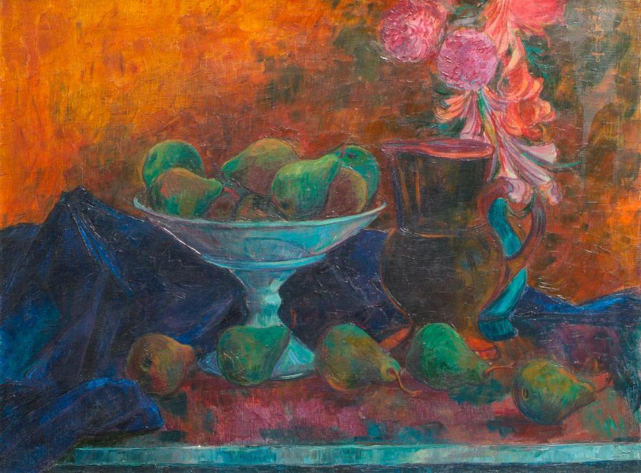 Maximilian Florian, Stillleben mit Birnen und blauem Tuch, 1942, Öl auf Leinwand, 60 x 80 cm, B…