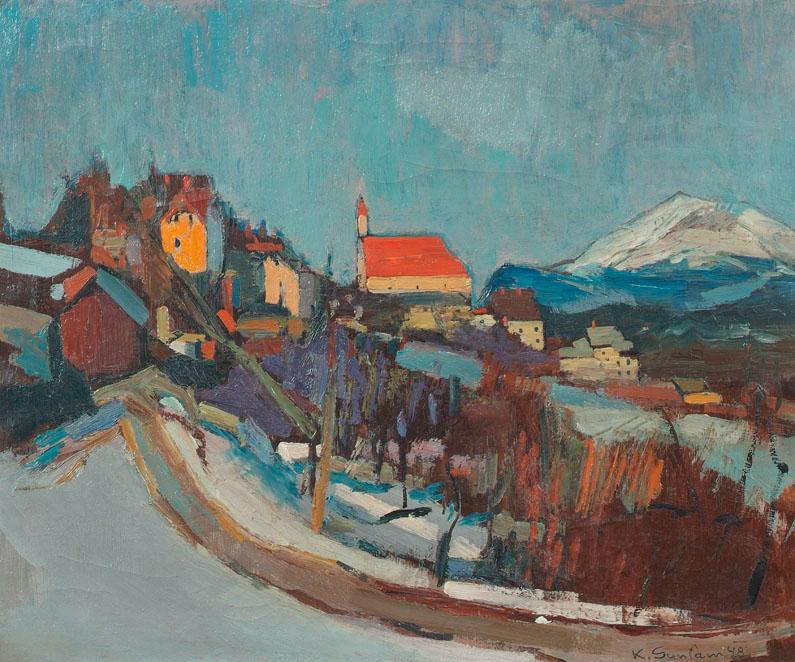 Karl Josef Gunsam, Kirchdorf im Winter, 1948, Öl auf Leinwand, 60,5 x 72,5 cm, Belvedere, Wien,…