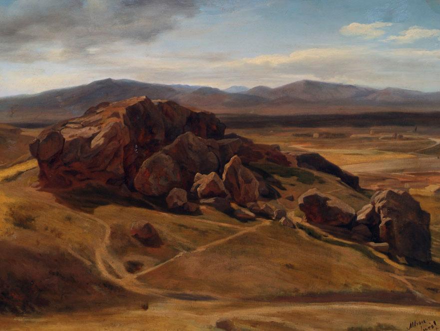Josef Hoffmann, Gebirgslandschaft bei Athen (Der "Areopag"), 1854, Öl auf Papier auf Leinwand, …