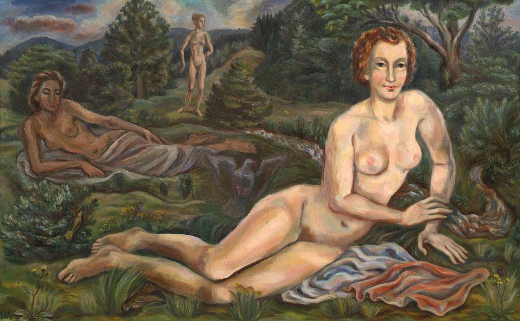 Irma Lang-Scheer, Drei Frauen am Wiesenbach, um 1945, Öl auf Holz, 80 x 130 cm, Belvedere, Wien…