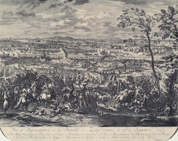 Jan van Huchtenburgh, Die Schlacht bei Zenta am 11. September 1697, 1729, Kupferstich, 53 x 61 …