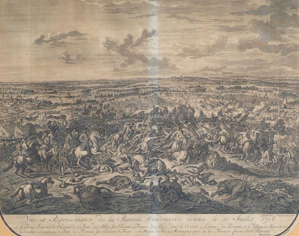 Jan van Huchtenburgh, Die Schlacht bei Oudenaarde am 11. Juli 1708, 1729, Kupferstich, 53 x 61 …
