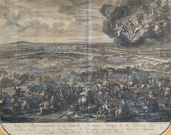 Jan van Huchtenburgh, Die Schlacht bei Cassano am 16. August 1705, 1729, Kupferstich, 53 x 61 c…