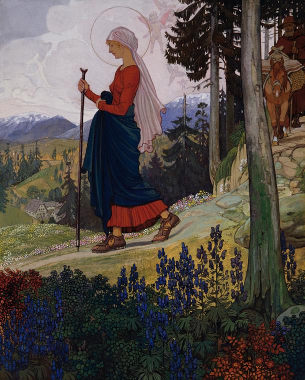 Maximilian Liebenwein, Gang Mariens über das Gebirge, 1911, Tempera auf Karton, 75 x 80 cm, Bel…