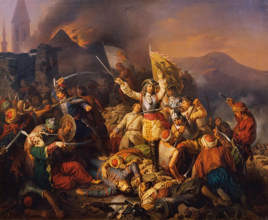Jozsef Molnár, Die Rückeroberung Ofens aus der Hand der Türken im Jahr 1686, 1858, Öl auf Leinw…