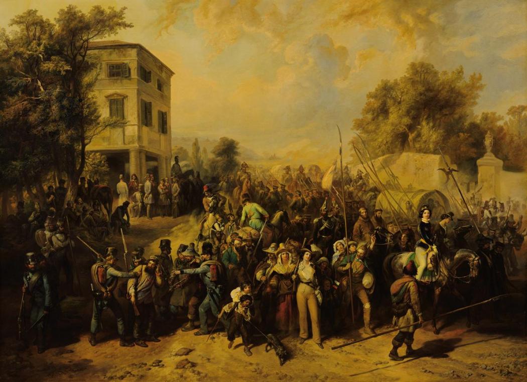 Peter Johann Nepomuk Geiger, Der Auszug der Römer aus Vicenza, um 1850, Öl auf Leinwand, 142 x …