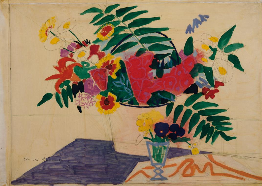 Eduard Bäumer, Blumenstück, 1950, Bleistift, Aquarell, Deckfarben auf Papier, 71,5 x 102 cm, Be…