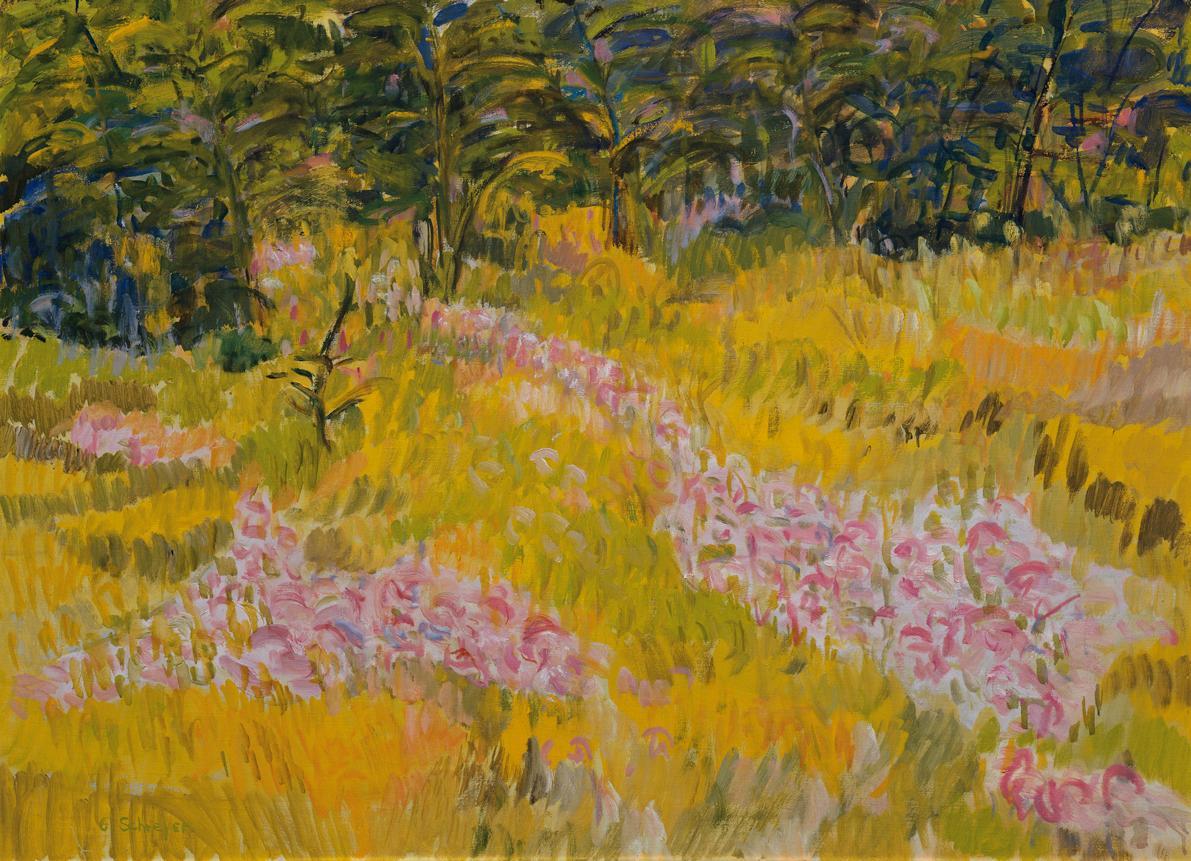 Greta Schreyer-Loebl, Blühende Wiese, 1976–1977, Öl auf Leinwand, 66 x 91 cm, Belvedere, Wien, …