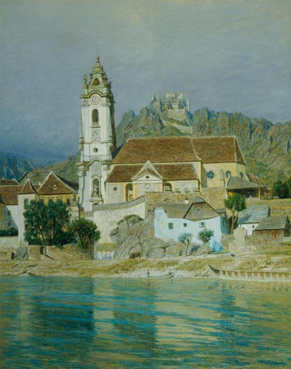 Maximilian Suppantschitsch, Die Stiftskirche in Dürnstein, 1905, Öl, Pastell auf Papier, 84,5 x…