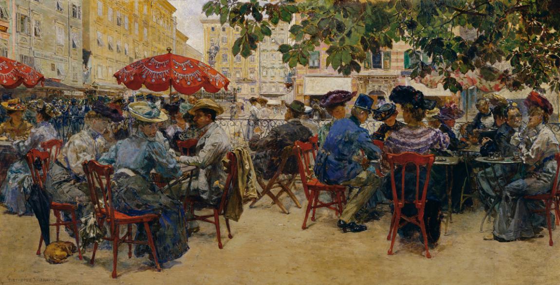 Theodor Josef Ethofer, Cafe Tomaselli in Salzburg, 1905, Öl auf Holz, 39 x 77 cm, Belvedere, Wi ...