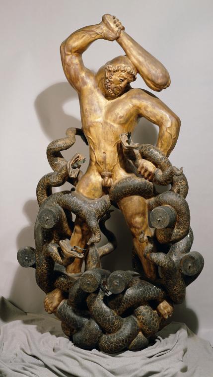 Franz Barwig d. Ä., Herkules und Hydra, 1814, Zirbelholz, gefaßt und vergoldet, 206 × 120 × 73 …