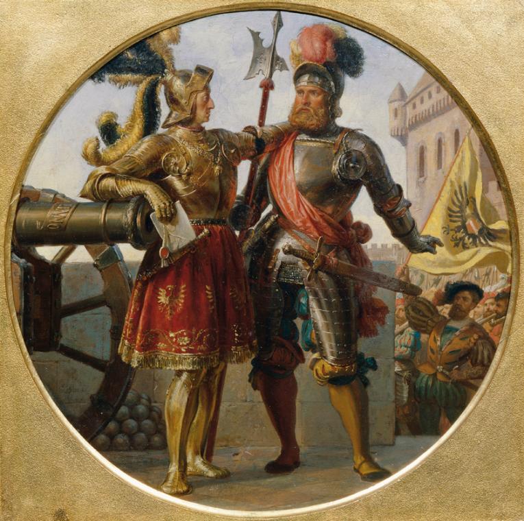 Karl von Blaas, Kaiser Maximilian I. Georg von Frundsberg, 1868, Öl auf Leinwand, 44 x 44 cm, B…