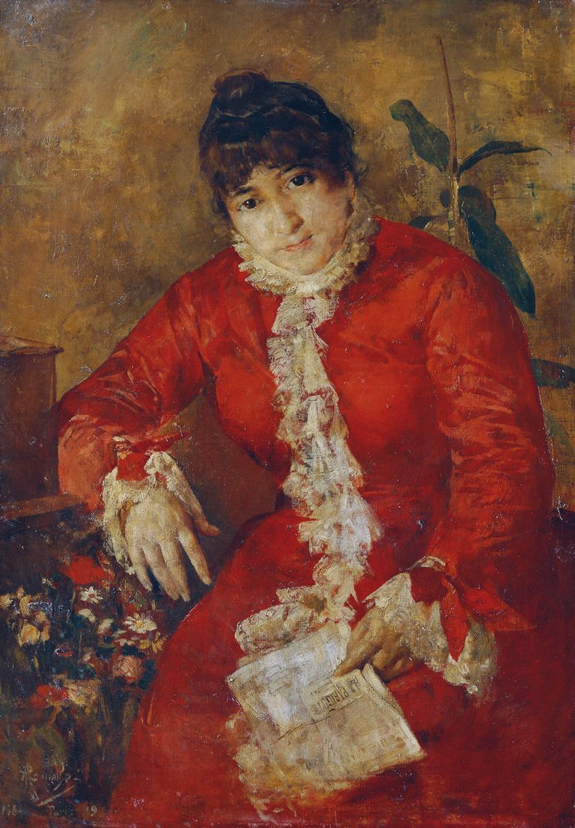 Anton Romako, Frau im scharlachroten Kleid mit Zeitungsblatt und Ficus, um 1884/1889, Öl auf Le…