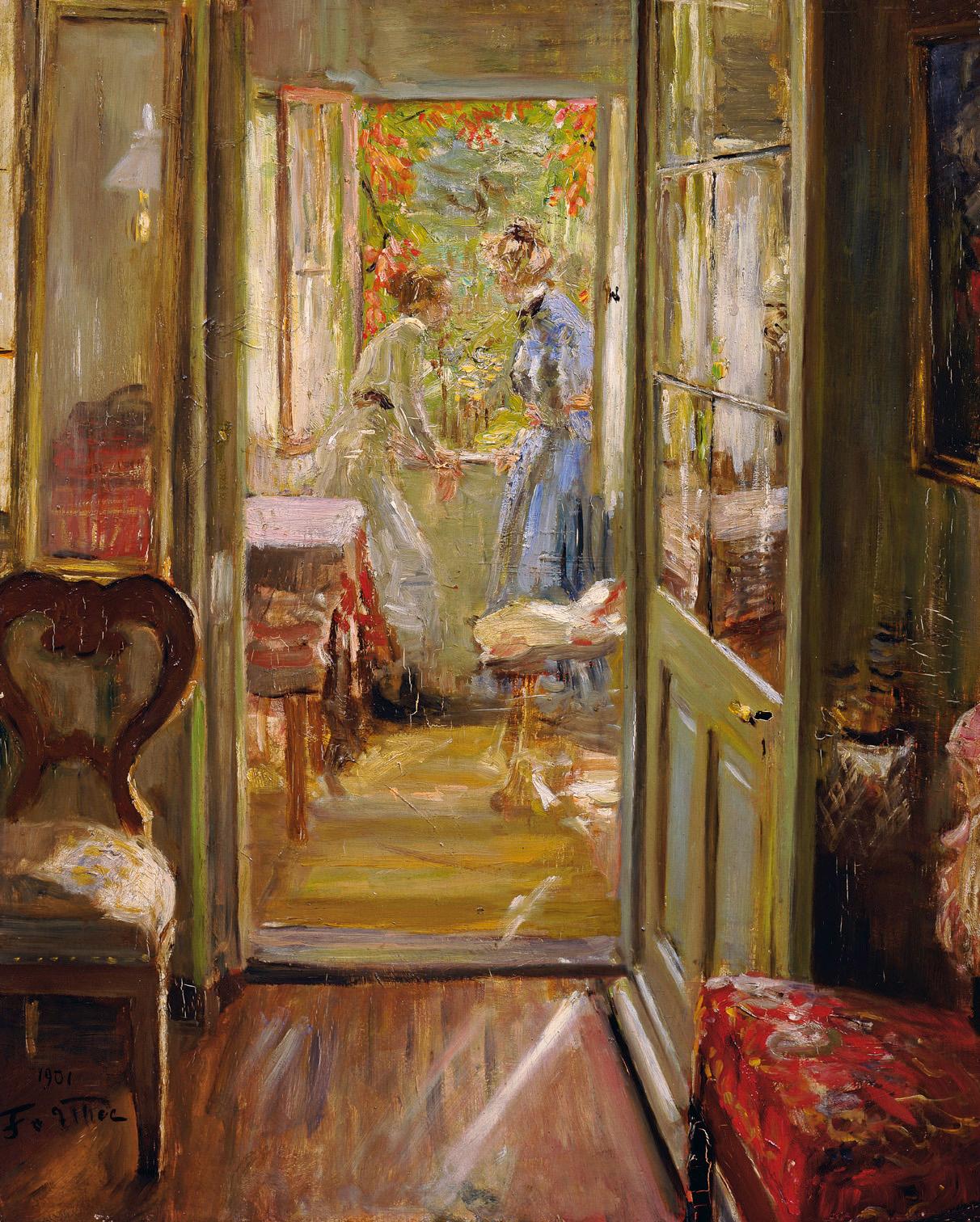 Fritz von Uhde, Die Töchter des Künstlers in der Veranda, 1901, Öl auf Holz, 61,2 x 48,3 cm, Wi…