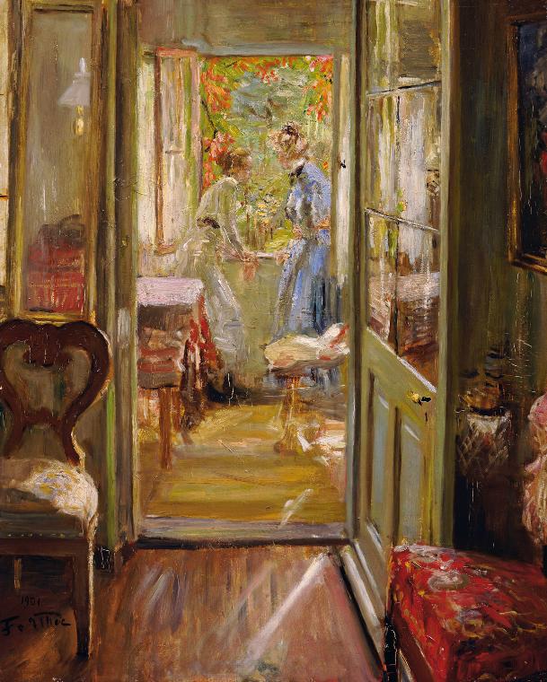 Fritz von Uhde, Die Töchter des Künstlers in der Veranda, 1901, Öl auf Holz, 61,2 x 48,3 cm, Wi…