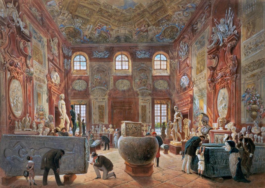 Carl Goebel d. J., Der große Marmorsaal des Unteren Belvederes mit den Skulpturen der Antikensa…