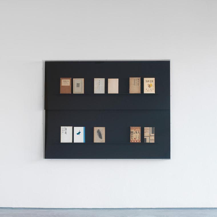 Florian Pumhösl, Relief (Plan without Outcome), 2008, Glasvitrine, Bücher, Display bezogen mit …
