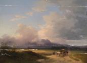 Ignaz Raffalt, Voralpenlandschaft mit Fuhrwerk auf der Straße, 1847 (?), Öl auf Holz, 48 x 65,5…